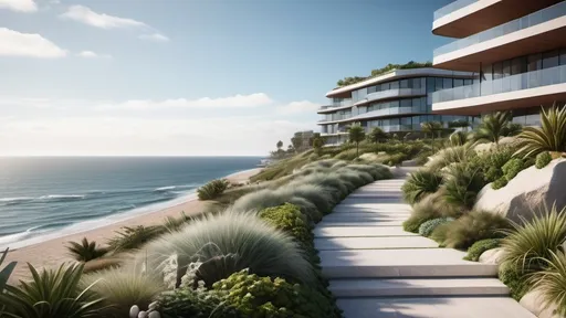 Prompt: coastal landscape architecture, (architectural podium), modern structural design, lush greenery, vibrant coastal environment, maritime inspiration, (elegant balance of nature and urban design), panoramic ocean views, clear blue skies, artistic integration of buildings with landscape, serene ambience, focus on sustainability, high detail, ultra-detailed, 4K quality.