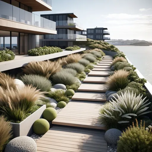 Prompt: I want you to create a coastal garden on top of podium level connecting multiple buildings overlooking the water