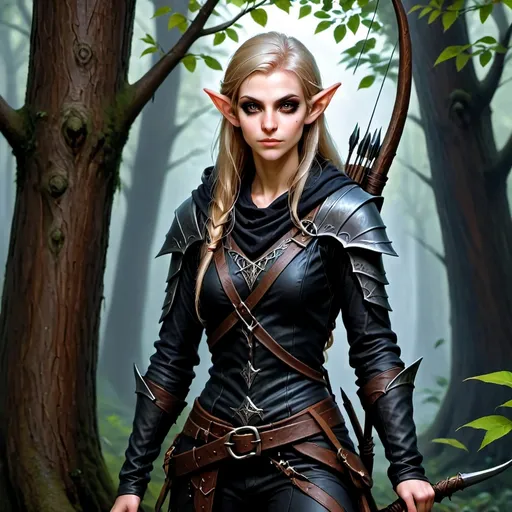 Prompt: rogue wood elf  wearing black leathers with a long bow brown eyes blond hair