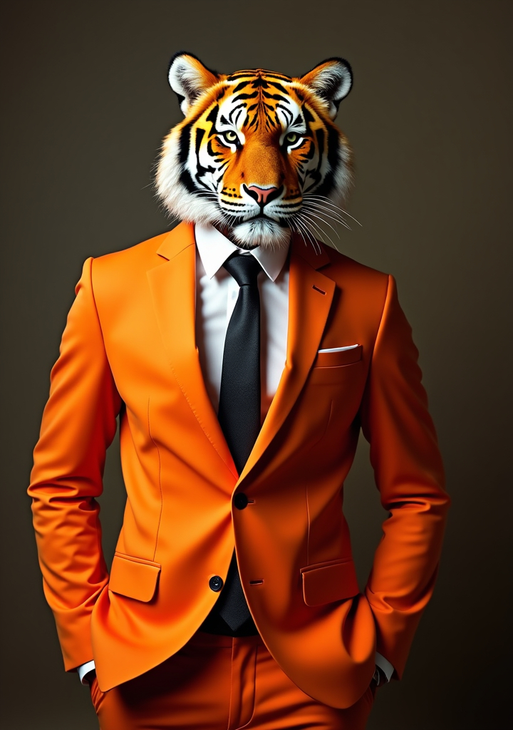 Prompt: animal tiger elegant suit orange