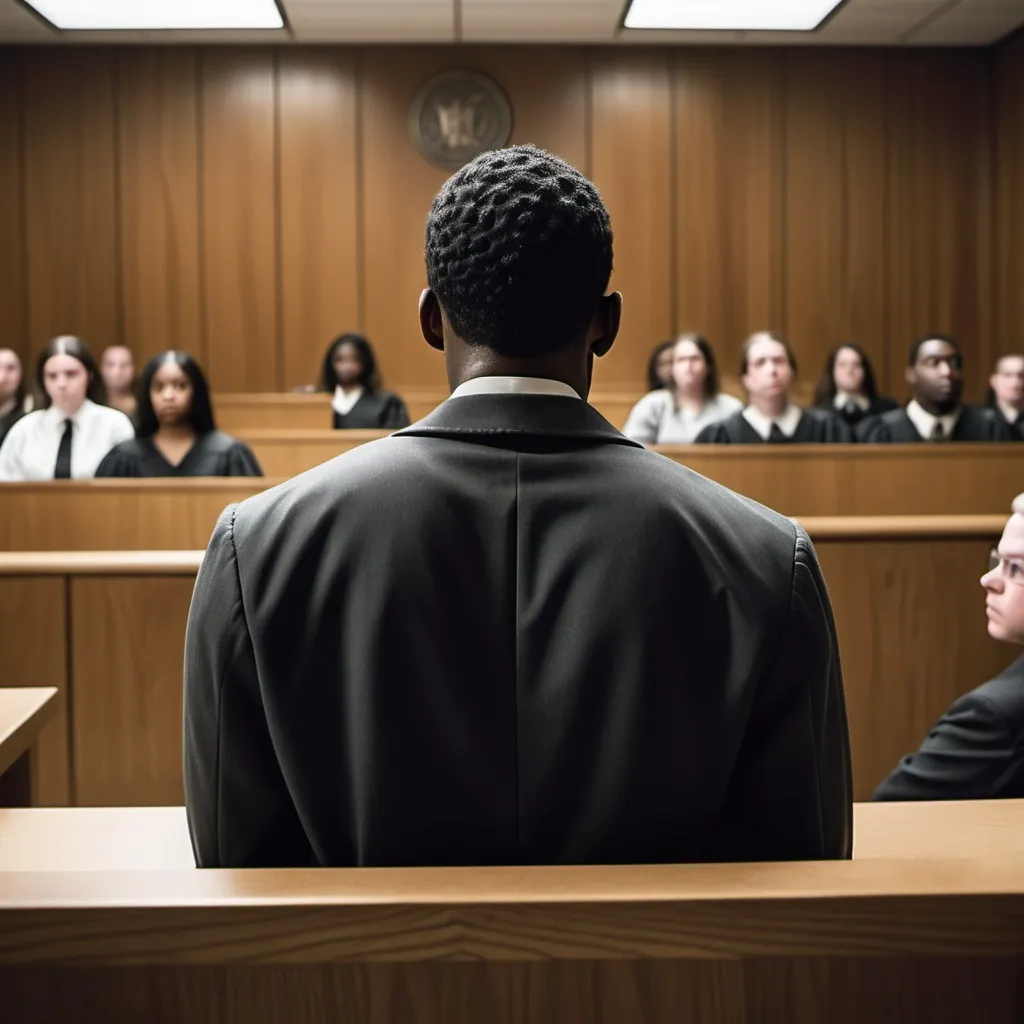 Prompt: A 25 year old Black man in a courtrrom facing a hostile court seen from the back. the mood is somber