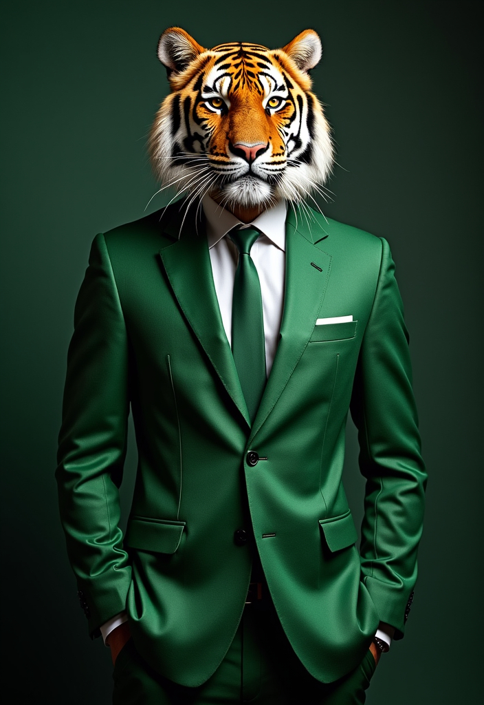 Prompt: animal tiger antropomorpho elegant suit green