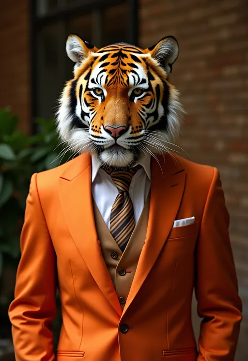 Prompt: animal tiger elegant suit orange