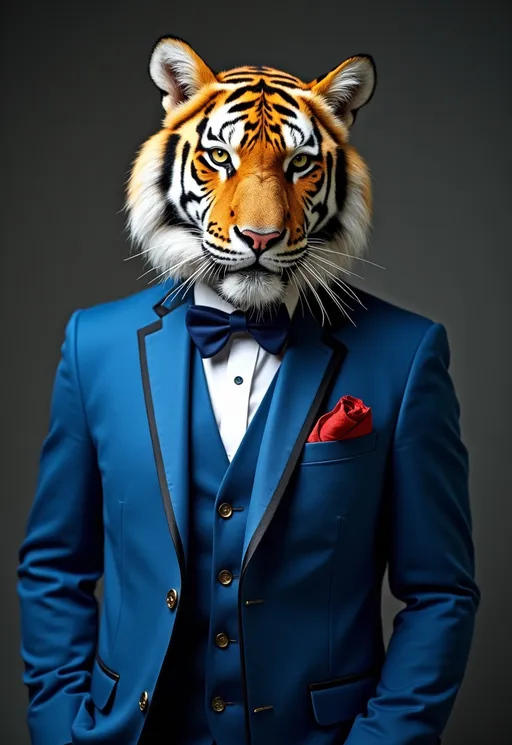 Prompt: animal tiger elegant suit blue