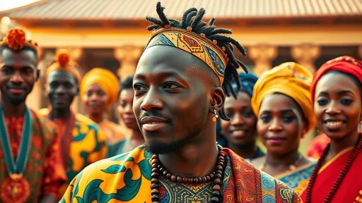 Prompt: (realistic full picture) Osaro, (African man, 26 years old), low cut hair adorned with an African styled hair band, group family photo at the Edo royal palace, elegantly dressed in vibrant, colorful traditional attire, festive atmosphere, celebrating foundation's success, rich cultural hues, detailed facial expressions, warm sunlight illuminating the scene, emotional, joyful ambiance, high-quality HD, ultra-detailed