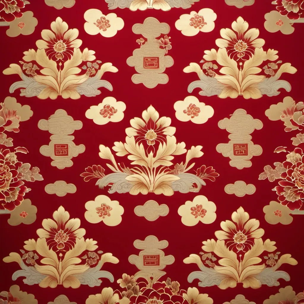 Prompt: repeat large tiling pattern traditional Chinese brocade in red background and gold foreground with large floral motifs interspersed with small geometric motifs