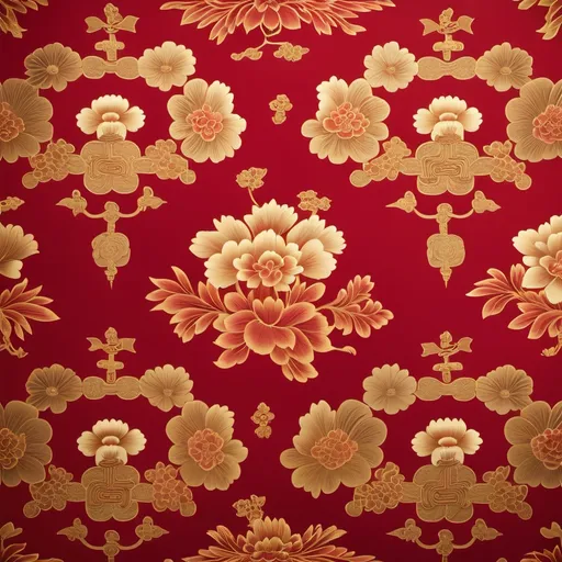 Prompt: repeat large tiling pattern traditional Chinese brocade in red background and gold foreground with large floral motifs interspersed with small geometric motifs