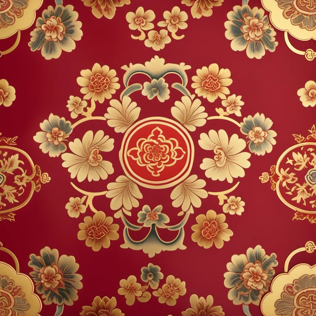 Prompt: repeat large tiling pattern traditional Chinese brocade in red background and gold foreground with large floral motifs and smaller cloud and geometric motifs