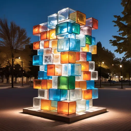 Prompt: Public art sculpture made of glass blocks with diverse placement and integrated lighting.