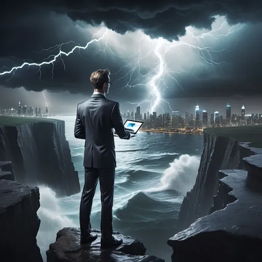 Prompt: A person, wearing a corporate suits, stands on a cliff overlooking a vast, stormy sea. The person is holding a laptop, and in the distance, a large, futuristic cityscape is visible. The sky is filled with dark clouds, and lightning flashes in the background.