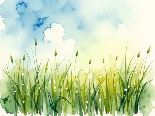 Prompt: A row of tall, lush green grass sways gently in the warm embrace of a soft breeze, each blade shimmering with morning dew. A bright blue sky with a few fluffy white clouds lingers in the background. Captured in  watercolor this scene evokes a feeling of tranquility.