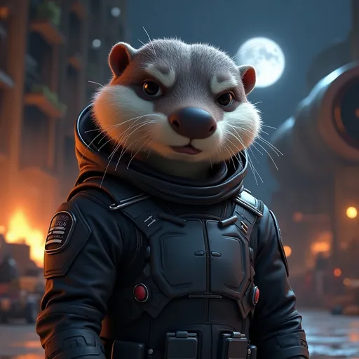 Prompt: Disney pixar character, 3d render style, A serious looking military strong otter wearing a futuristic black space suit. behind him in the background is standing giant spaceship in a warehouse. moon in the night sky