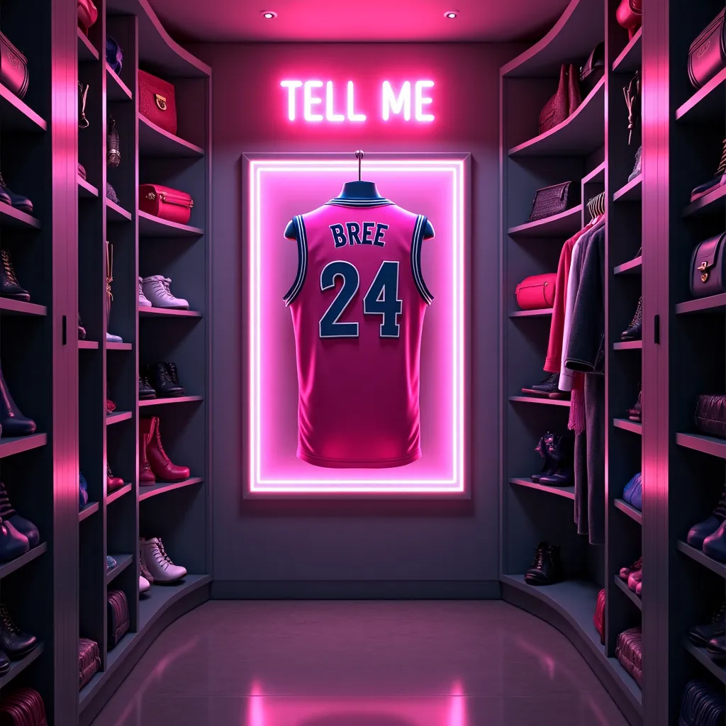 Prompt: A memorialized pink jersey framed on a wall in a young woman’s dark futuristic luxury closet. The jersey is encapsulated by a soft white beam spotlight. There are pink and blue neon lights. It is a female athlete’s closet with clothes, purses, high heel shoes, and trophies. The jersey clearly says “BREE” with the number “24”. Above the jersey is a neon sign that says “TELL ME”. Make the jersey stylish and feminine. Cover art.