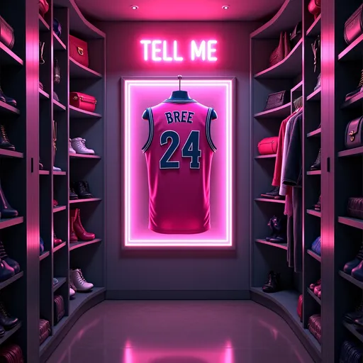 Prompt: A memorialized pink jersey framed on a wall in a young woman’s dark futuristic luxury closet. The jersey is encapsulated by a soft white beam spotlight. There are pink and blue neon lights. It is a female athlete’s closet with clothes, purses, high heel shoes, and trophies. The jersey clearly says “BREE” with the number “24”. Above the jersey is a neon sign that says “TELL ME”. Make the jersey stylish and feminine. Cover art.