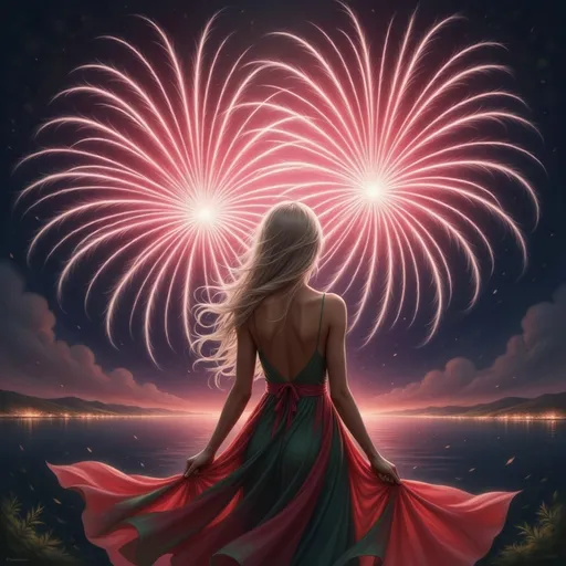 Prompt: my model in a beautiful colourful dress watching the most spectacular  red, green and purple firework display, colour, vivid, night