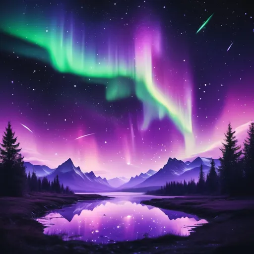 Prompt: Night sky with stars and aurora borealis purple