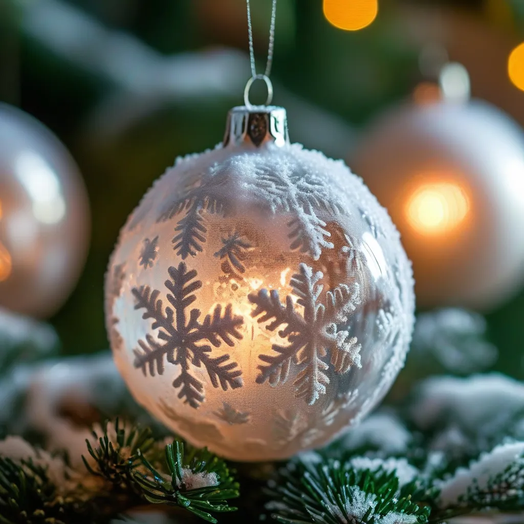 Prompt: transparent christmas baubles with snowflakes inside