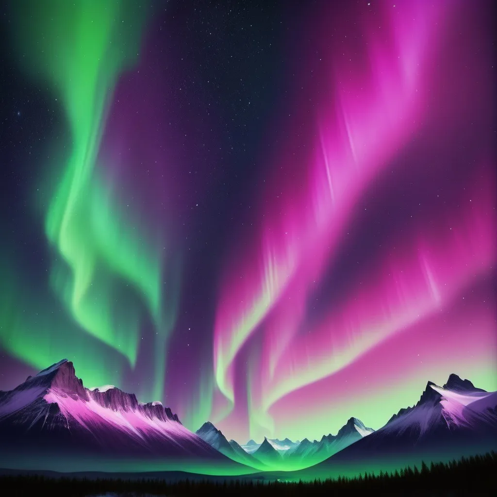 Prompt: Night sky with  aurora borealis purple, dark pink, green