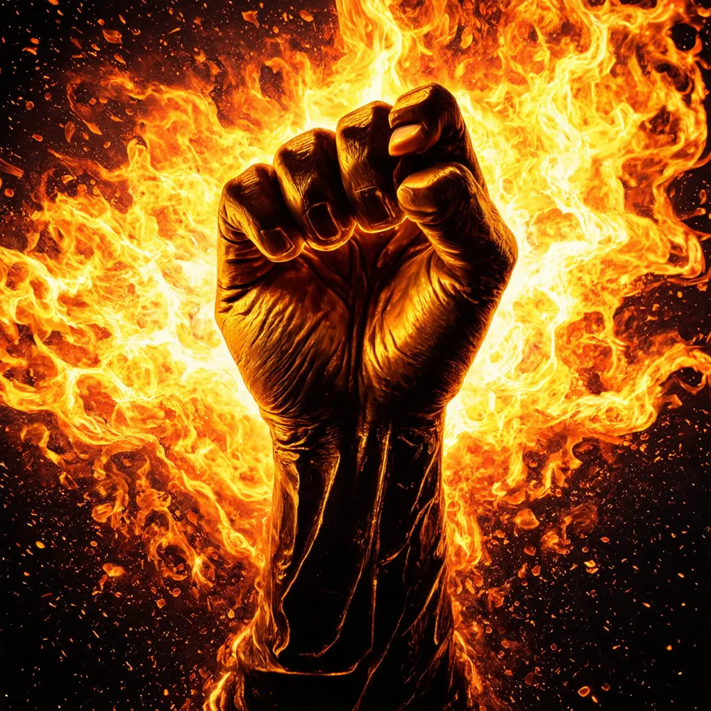 Prompt: fist of liberty, hot  molten metal effect,hot