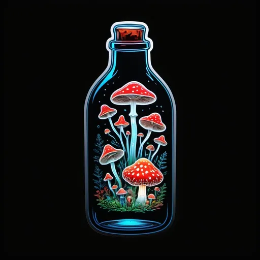 Prompt: three (multi-color luminous bottle with fly agaric mushroom inside), intricate pattern, shaped light painting, black backdrop, (minimalistic), (elegant line design), various light sources, glowing effects, ethereal atmosphere, delicate fluidity, high contrast, depth of field, (4K), cinematic quality, magical ambiance, enchanting visualization.