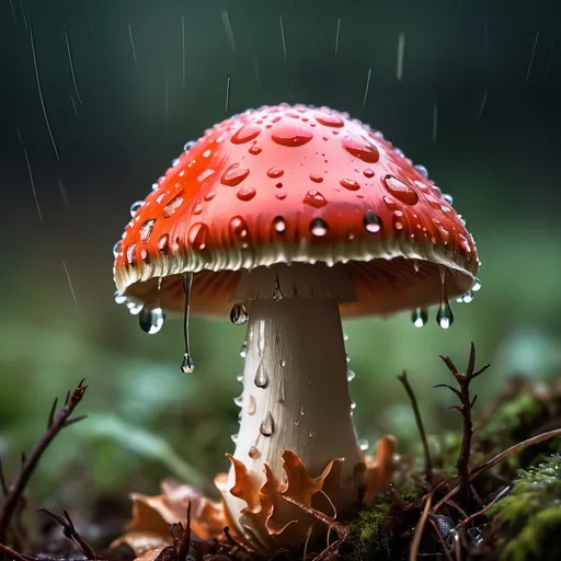 Prompt: A droplet of rain bouncing off a fly agaric mushroom , illuminous, light, colour