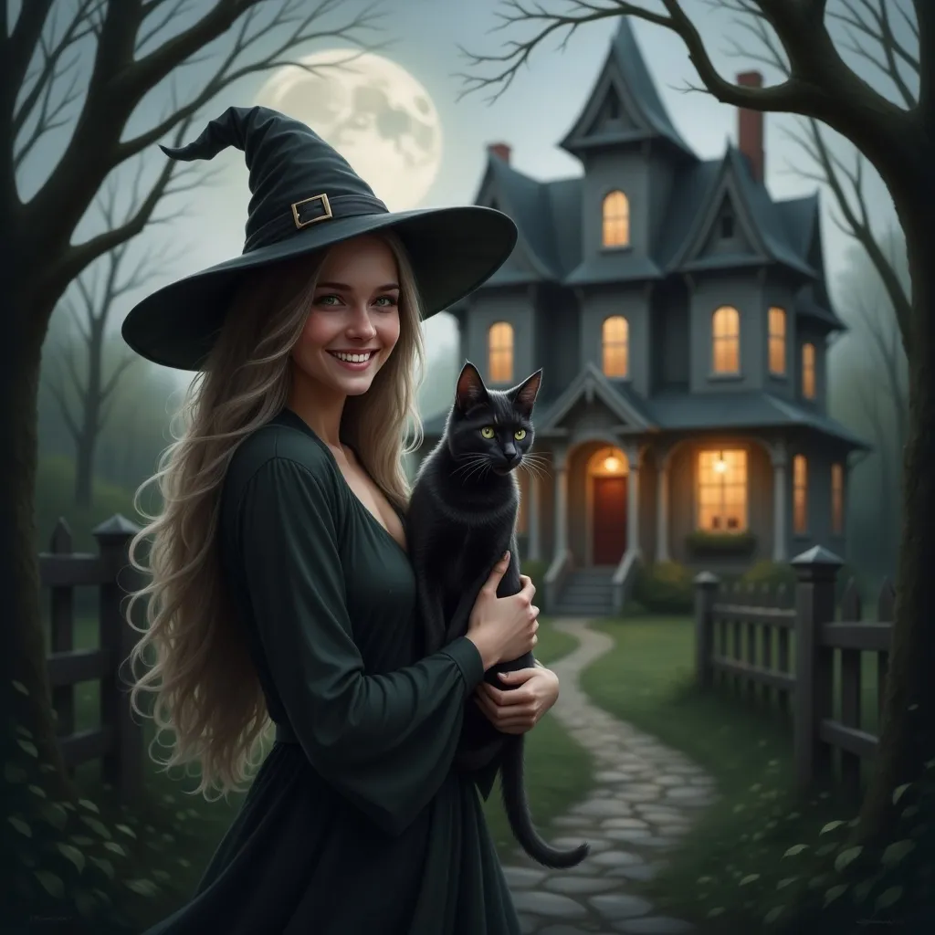 Prompt: my model dressed as a witch holding a black cat, haunted house with lights on in background, spooky, horror