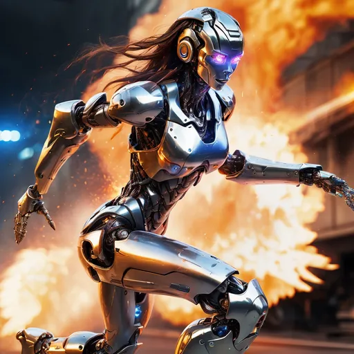 Prompt: futuristic robot female , full body,melting  titanium metalic skin effect, running to battle, fire, explosions, lasers
