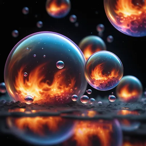 Prompt: bubbles floating through a gassy atmosphere reflecting fire