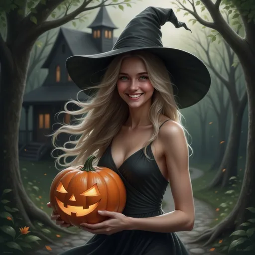 Prompt: my model dressed as a witch carrying a jack o lantern, spooky house background