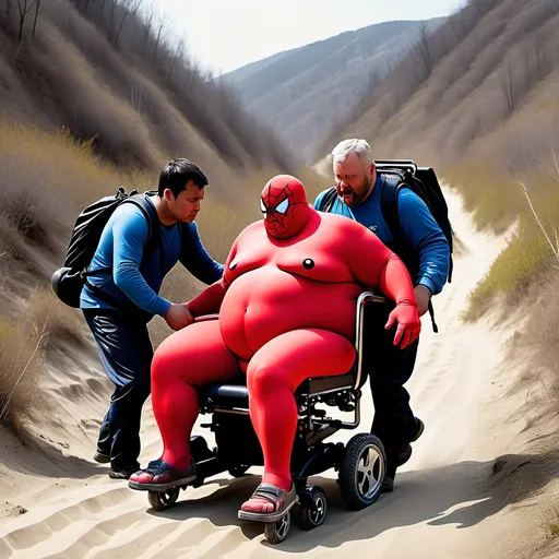 Prompt: Scene of a helpless obese man dressed in spider red man suit that is too small and his electric wheelchair being carried out of a hiking trail by 4 strong men from the city after getting stuck in sand