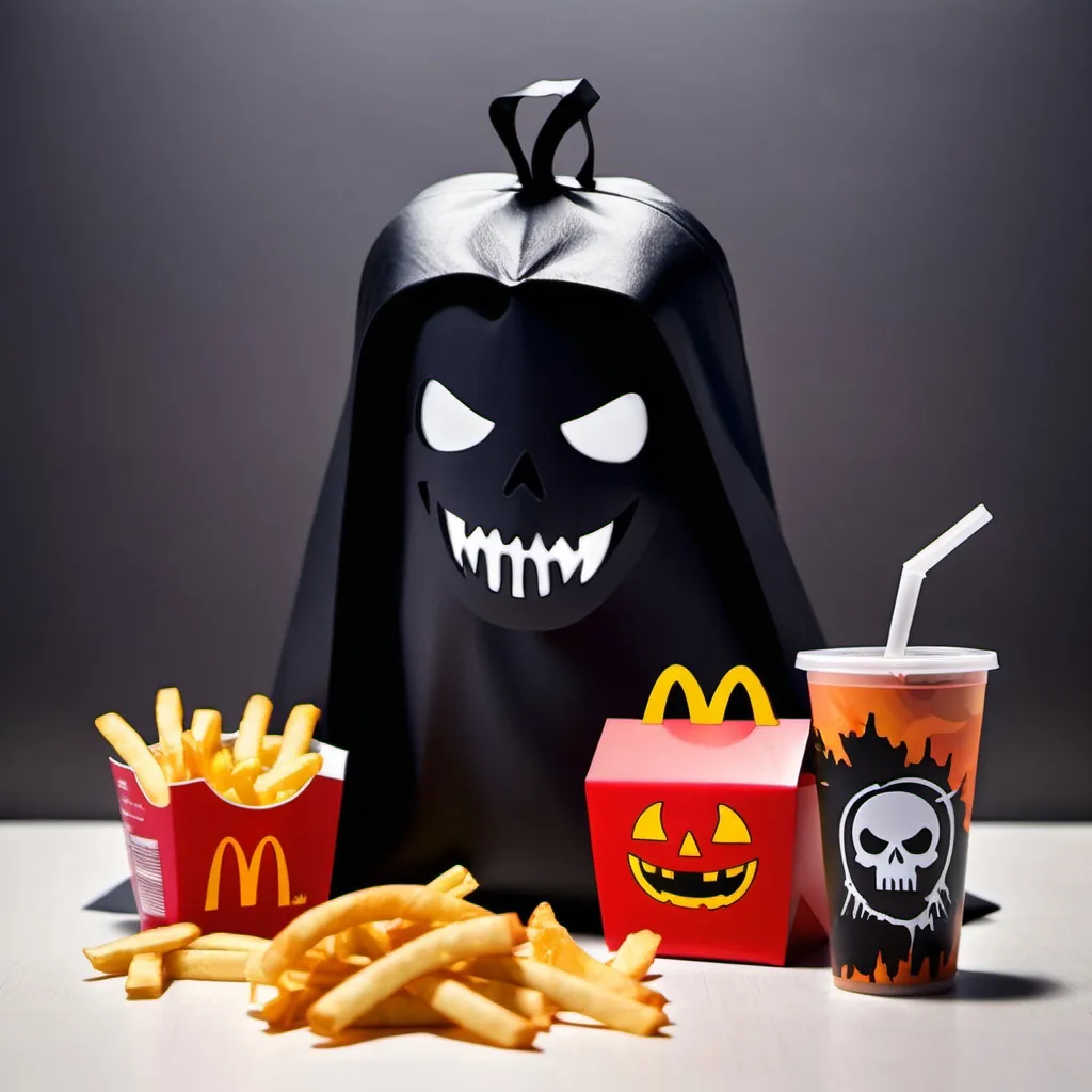 Prompt: fun spooky mcdonalds horror themed happy meal package