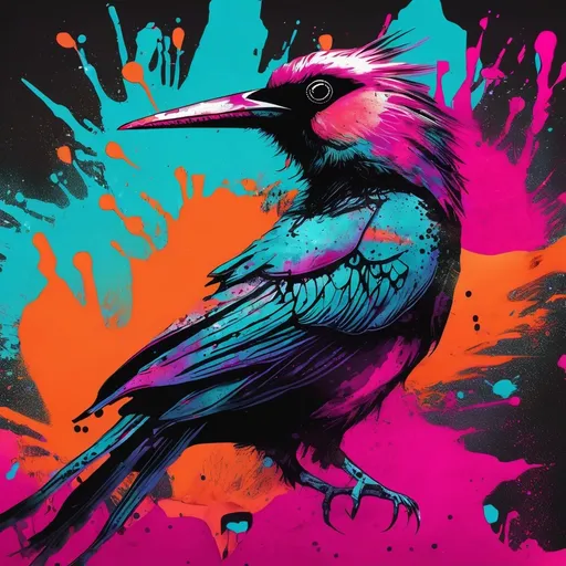 Prompt: Create Album cover art for a band called VELVET LEAGUE 

Graffiti, splatter painting of bird of paradise, magenta, turquoise and orange gradient background, small black dots.