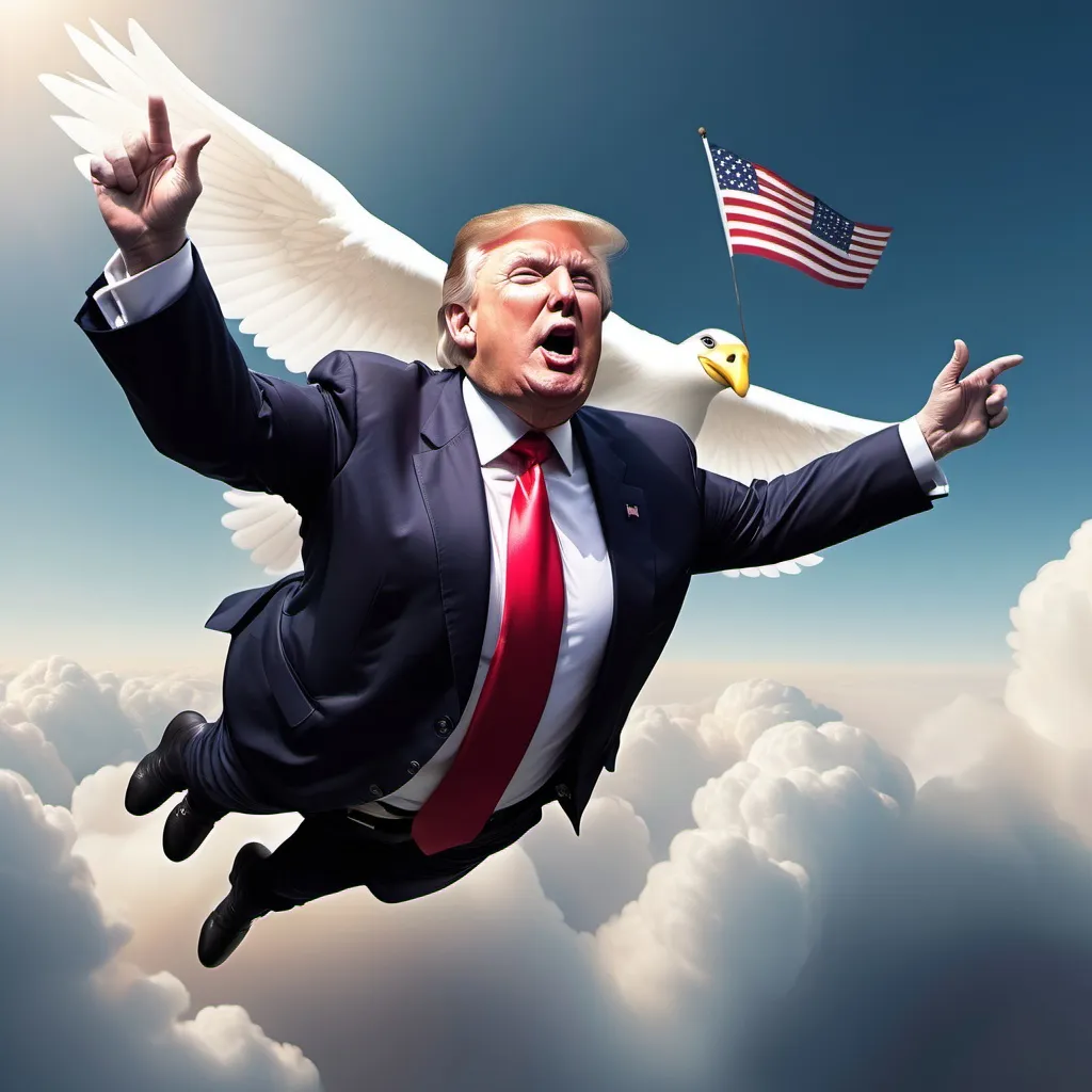 Prompt: donald trump flying soaring through 
sky