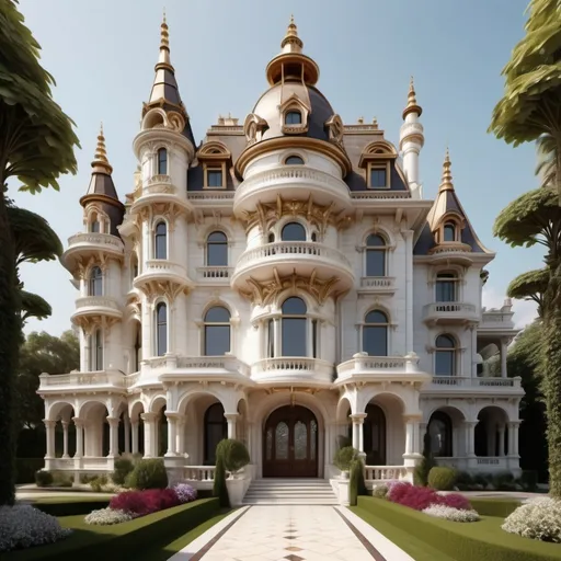 Prompt: A Mansions with towers wings gables 5 stories high with elaborate curves corners a garden with a long corridor made of materials of white marble adorned with precious stones of all colours with gold silver bronze diamonds rubies amethys topaze very elegant like Bridgerton style and Victorian style