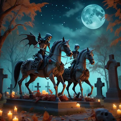 Prompt: Demons on skeleton horses passing through a mysterious cemetery),  magical ambiance, starlit sky, moody and enigmatic atmosphere, deep shadows, vivid color contrasts, intricate details of foliage, high-quality 4K rendering, (unreal engine), mystical night scene, whispers of the forest, ethereal glow.