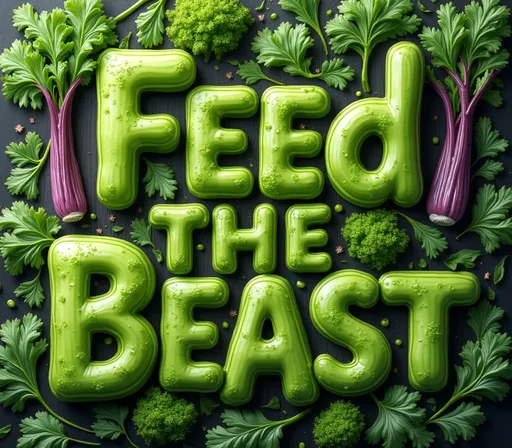 Prompt: (accurately spelled text "Feed The Beast"), green and purple stalks of celery, (vibrant colors), unique text transformation, organic shapes, lush green leaves, delicate textures, playful and whimsical ambiance, high-quality detail, ultra-detailed rendering, artistic representation, fresh and lively composition, emphasizing the natural beauty and form of celery, dynamic and creative design elements.