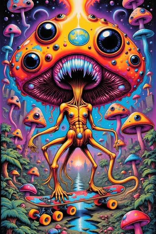 Prompt: Strange alien eyeballs riding  skateboards, vibrant orange, red and purple colors, surreal atmosphere, at a skateboard park, vivid  blue lightning in the background, whimsical  and adventurous ambiance, , cosmic sky with stars and strange celestial bodies, high-quality illustration, 4K resolution.