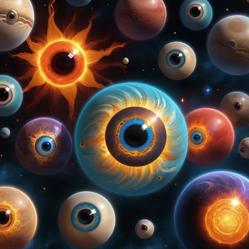 Prompt: (ultra-detailed) imaginative solar system, vibrant and colorful planets as (eyeballs), unique sun visuals as eyeballs, moons featuring whimsical eyeball designs, cosmic background with dazzling starry elements, ethereal atmosphere conveying wonder and curiosity, rich blues, deep blacks, and pops of bright colors, delicate lighting creating a magical feel, high-resolution, dreamlike space environment.