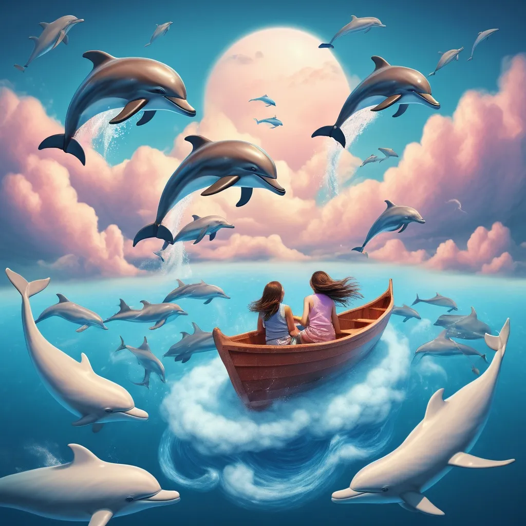 Prompt: A girl in a boat floating above the clouds with dolphins jumping around it