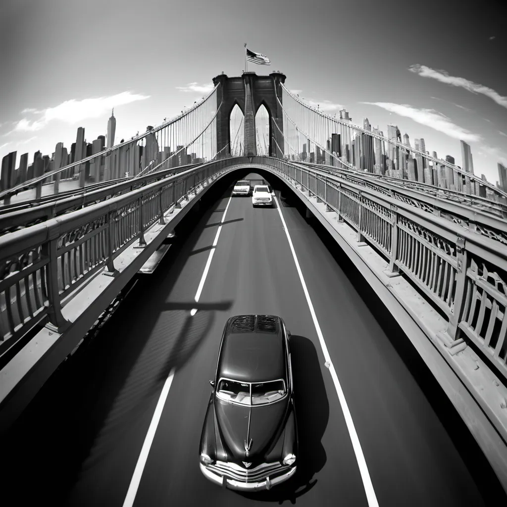 Prompt: Bw fish eye A car running on a bridge 40s in New York,