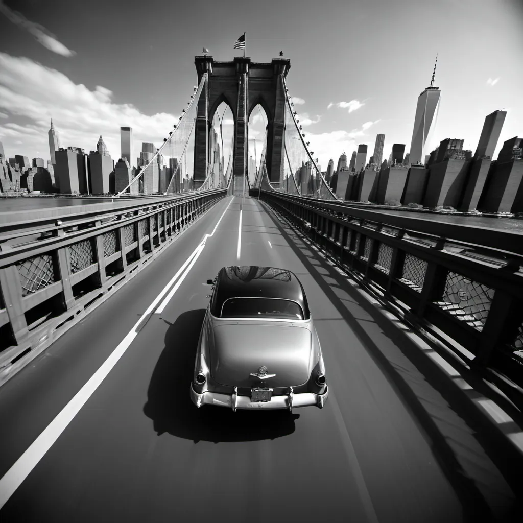 Prompt: Bw fish eye A car running on a bridge 40s in New York,