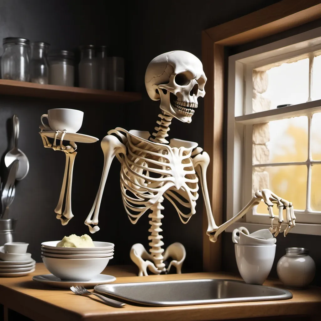 Prompt: skeletondoing dishes