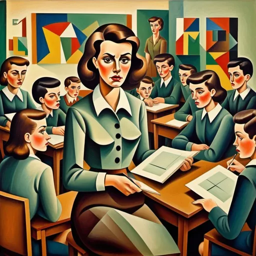 Prompt: woman teacher late 50s in a classroom of teenagers cubism