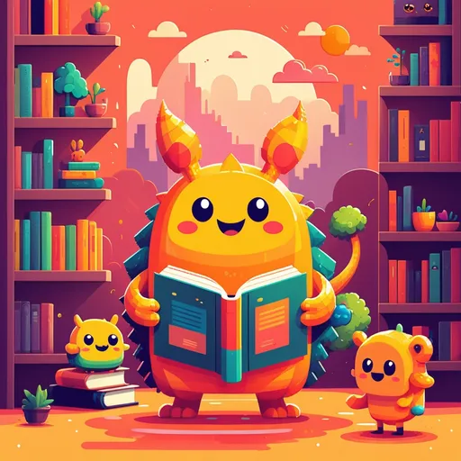 Prompt: (pixel art style), warm color scheme, book cover illustration, flat design, simple shapes, colorful, 2D, cute cartoon characters, whimsical design, strange cute creature, imaginative and playful ambiance, high-quality vector art, inviting and cheerful atmosphere, engaging for readers, well-crafted details, vibrant visuals that capture attention.