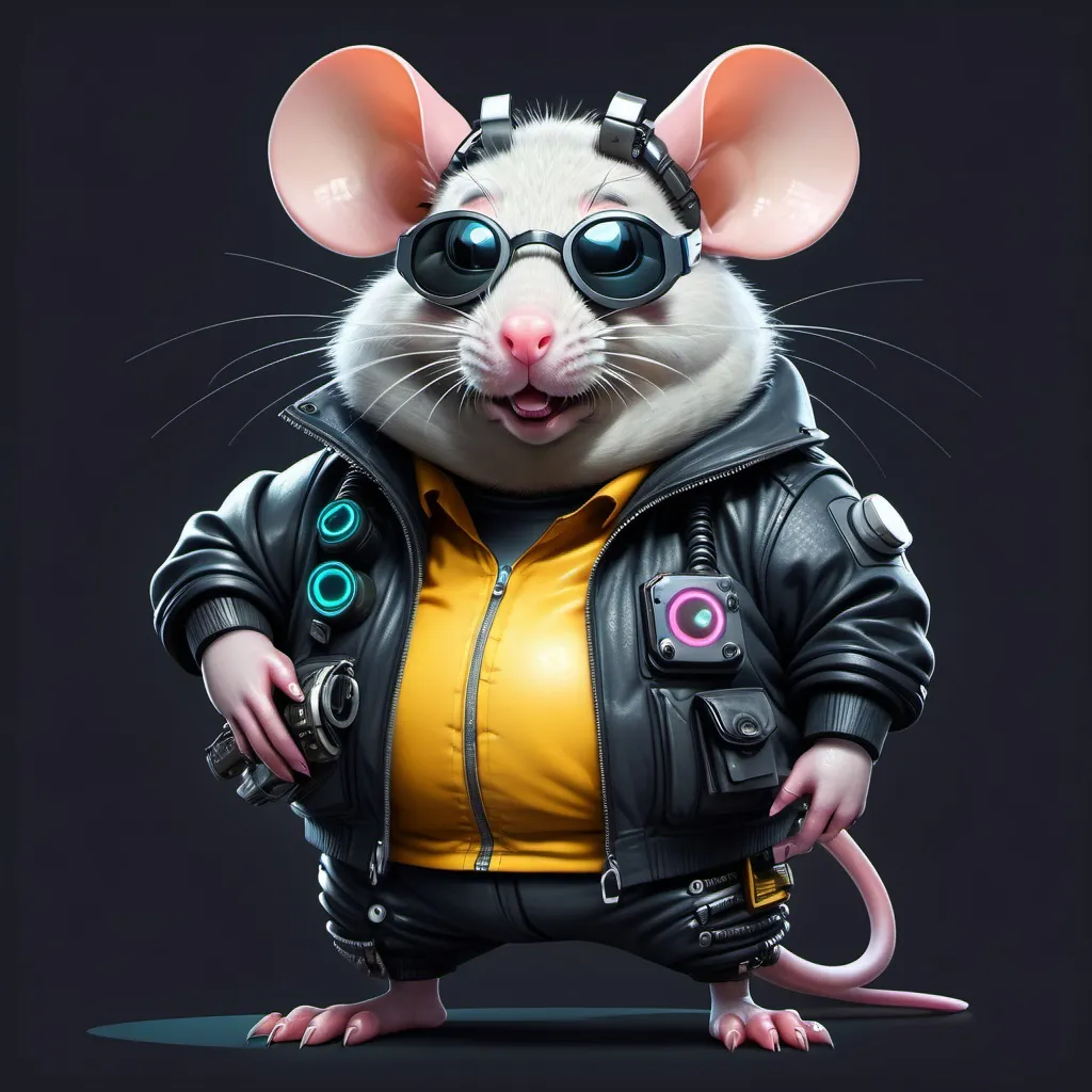 Prompt: a funny fat rat character wearing cyberpunk fashion with solid background