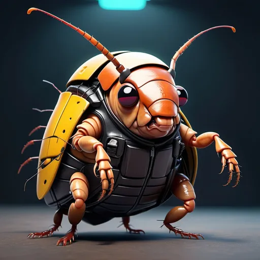 Prompt: a funny fat cockroach character wearing cyberpunk fashion with solid background