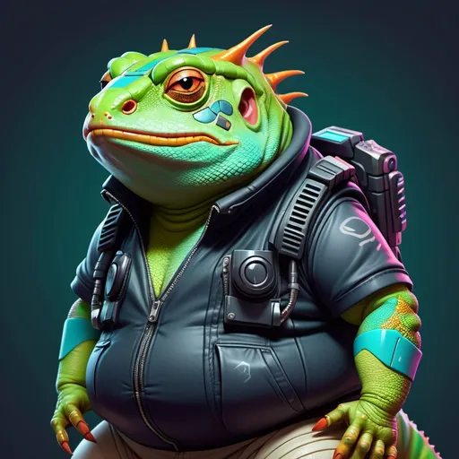 Prompt: a funny fat garden lizard character wearing cyberpunk fashion with solid background