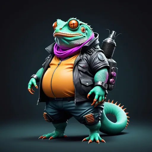 Prompt: a funny fat garden lizard character wearing cyberpunk fashion with solid background, show full body