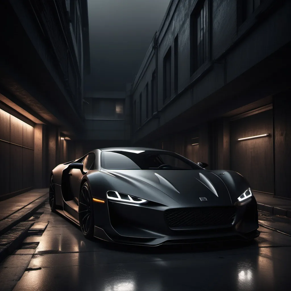 Prompt: (photorealistic), realism style, (dark color scheme), sleek and modern design, moody ambiance, intricate details, automotive elements, abstract aesthetics, high-quality textures, shadowy background, dramatic lighting, urban vibe, exceptional clarity, innovative feel, captivating composition, deep contrasts, artistic flair.