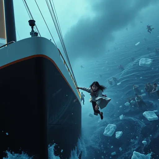 Prompt: 3d digital  of the famous scene of the realistic movie, 'Titanic'.
A close-up the Titanic's prow, asian girl holdimg onto a pole as ship falling.
a large crowd of people are falling into the ice cold ocean from every single part of the huge ship and this motion makes a surreal mood for the otherwise funny artwork. detailed, 8k